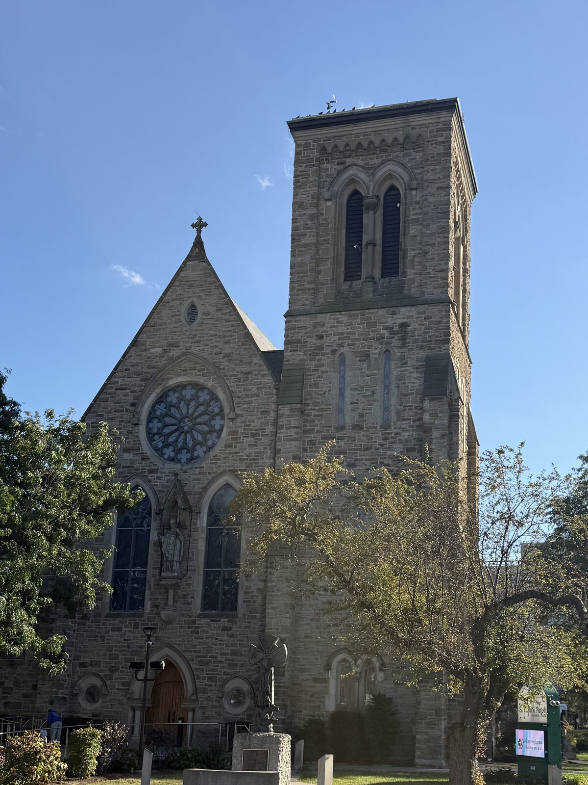 St. Patrick's Church on King Street East: Gothic stone façade with rose window and bell tower